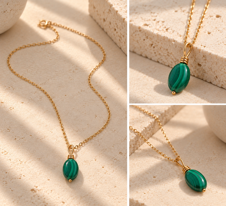 Malachite charm necklace, oval gemstone